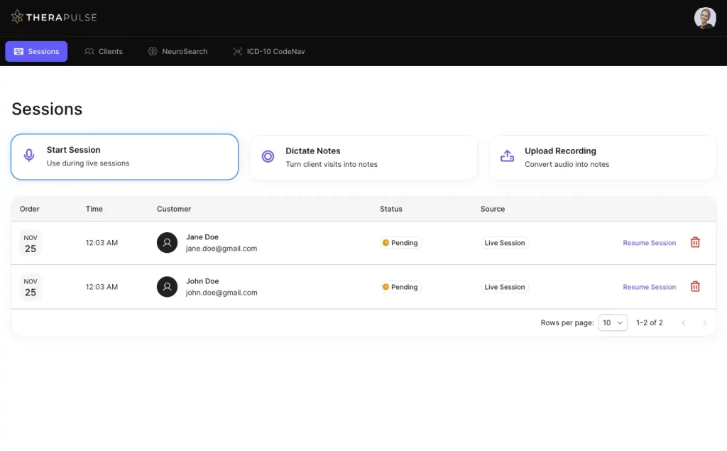 therapulse.ai - client sessions panel