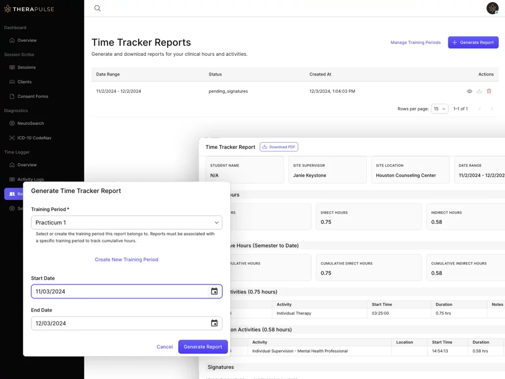 TheraTrack Clinical Hours Tracking Reporting Overview