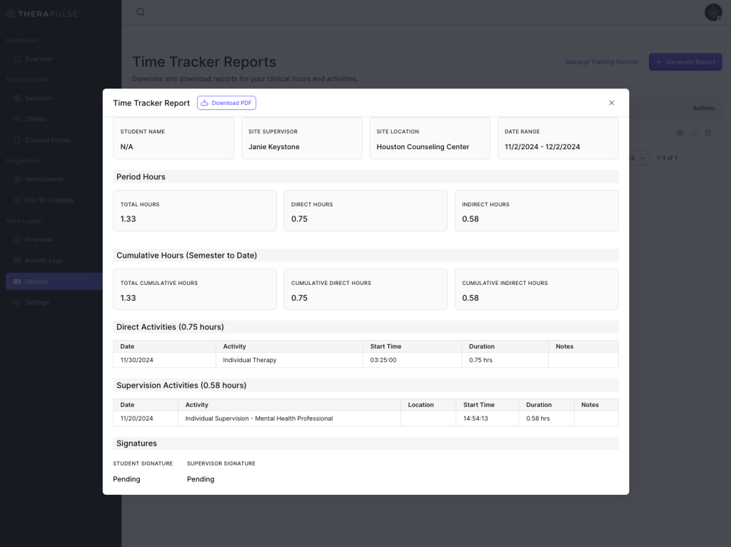 TheraTrack clinical hours tracker report sample